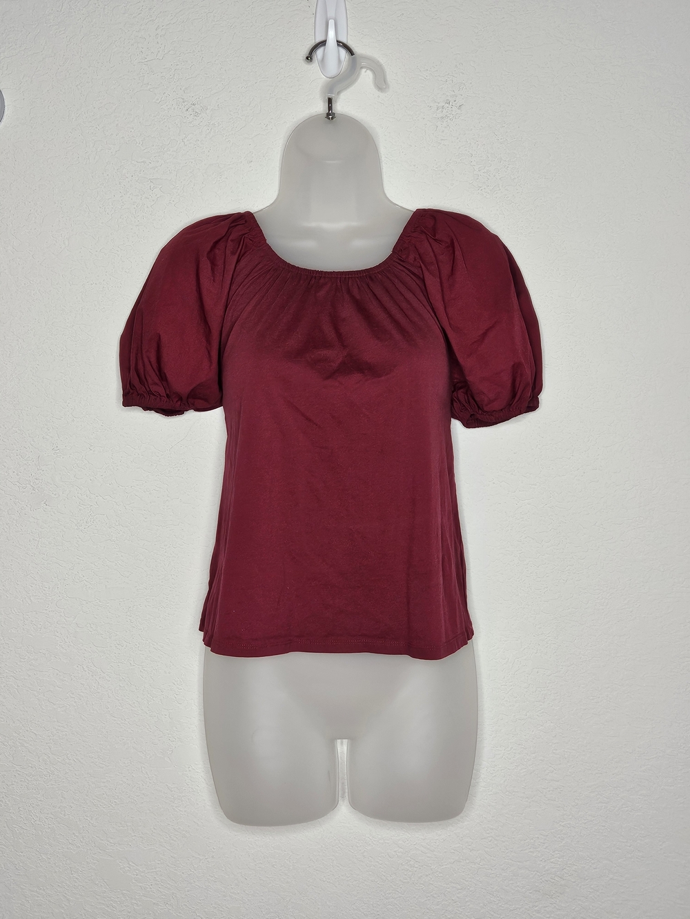A New Day Red Puff Sleeve Blouse XS Cotton Peasant Top Square Neck